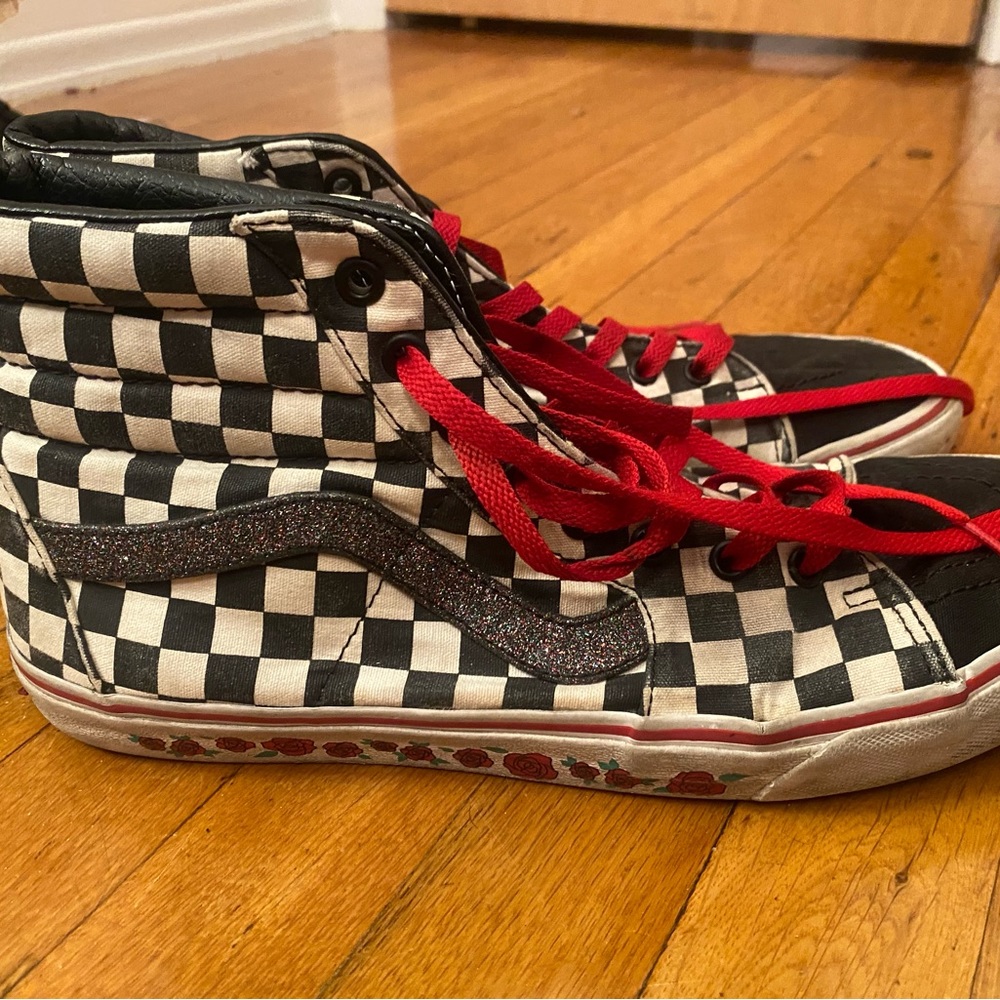 Vans black and white checkered hi-top, with red rose trim, size 12